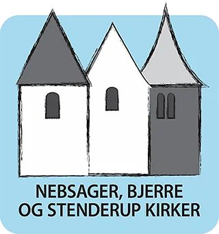 Logo for Nebsager, Bjerre og Stenderup Kirker. Grafisk repræsentation af de 3 kirketårnet på en lyseblå baggrund med kirkernes navne nedenunder.